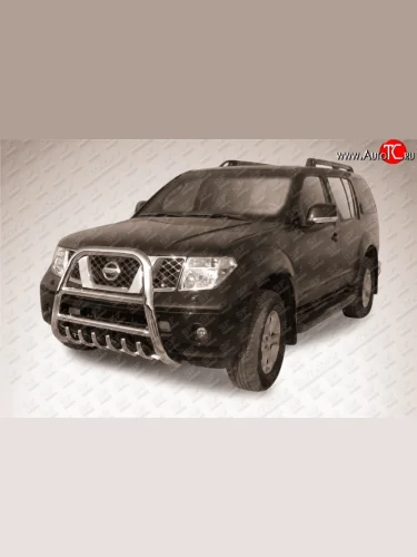 Усиленная высокая защита переднего бампера с защитой картера из трубы диаметром 76 мм Slitkoff Nissan Pathfinder  R51 (2004-2007) дорестайлинг