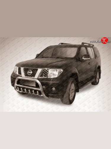 Усиленная низкая защита переднего бампера с защитой картера из трубы диаметром 76 мм Slitkoff (Нержавейка) Nissan Pathfinder  R51 (2004-2007) дорестайлинг