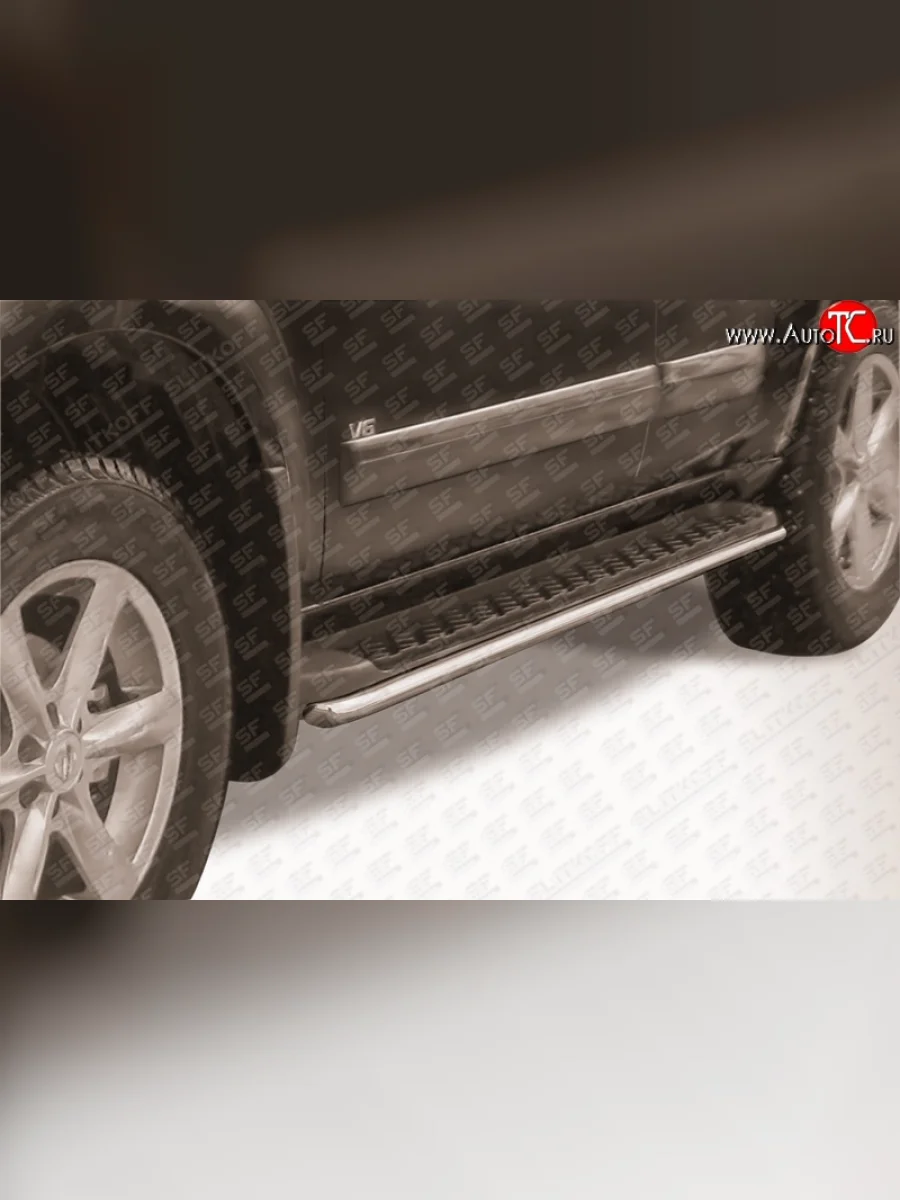 Защита штатных порогов из круглой трубы диаметром 42 мм Slitkoff Nissan Pathfinder R51 рестайлинг (2009-2014) (Нержавейка, Полированная)  с доставкой в г. Пермь