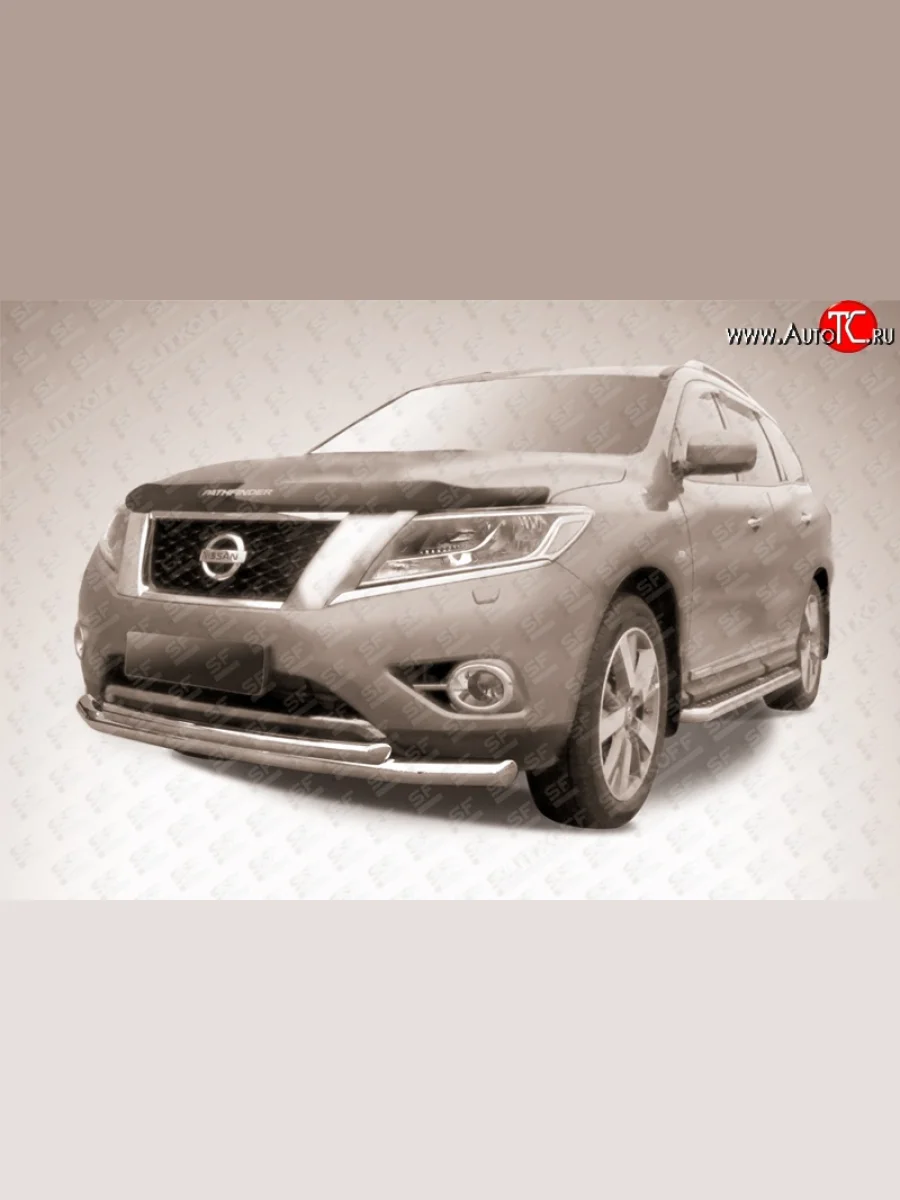 Двойная защита переднего бампера из двух труб диаметром 76 и 57 мм Slitkoff  Nissan Pathfinder (2012-2017) R52 (Нержавейка, Полированная)  с доставкой в г. Керчь