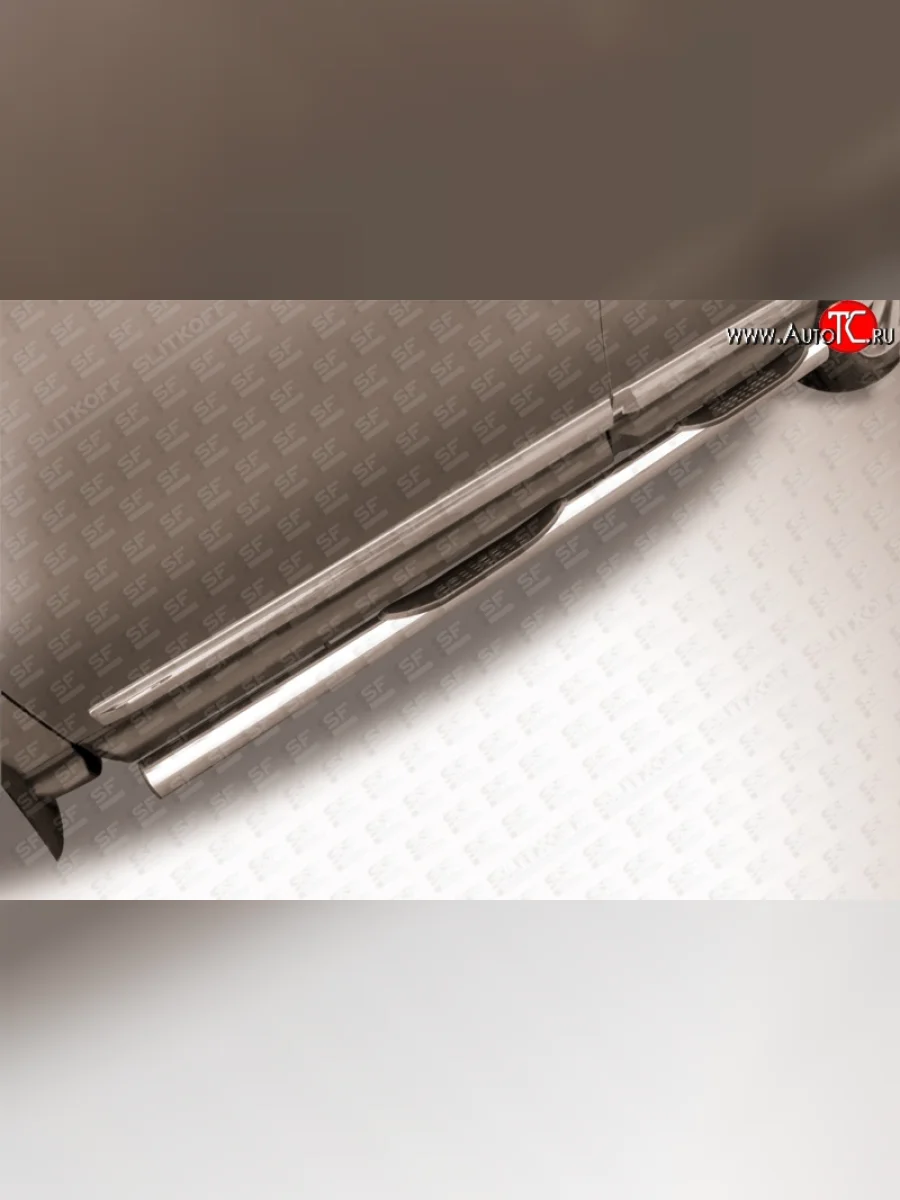 Защита порогов с пластиковыми вставками для ног из круглой трубы диаметром 76 мм Slitkoff  Nissan Pathfinder (2012-2017) R52 (Нержавейка, Полированная)  в Керчи Республика Крым