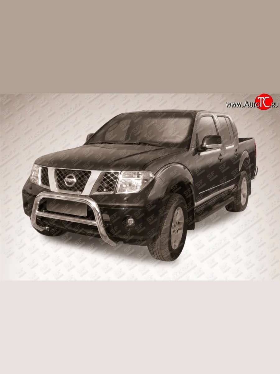 Усиленная низкая защита переднего бампера из трубы диаметром 76 мм Slitkoff  Nissan Navara (2004-2010) 2 D40 (Нержавейка, Полированная)  с доставкой в г. Керчь