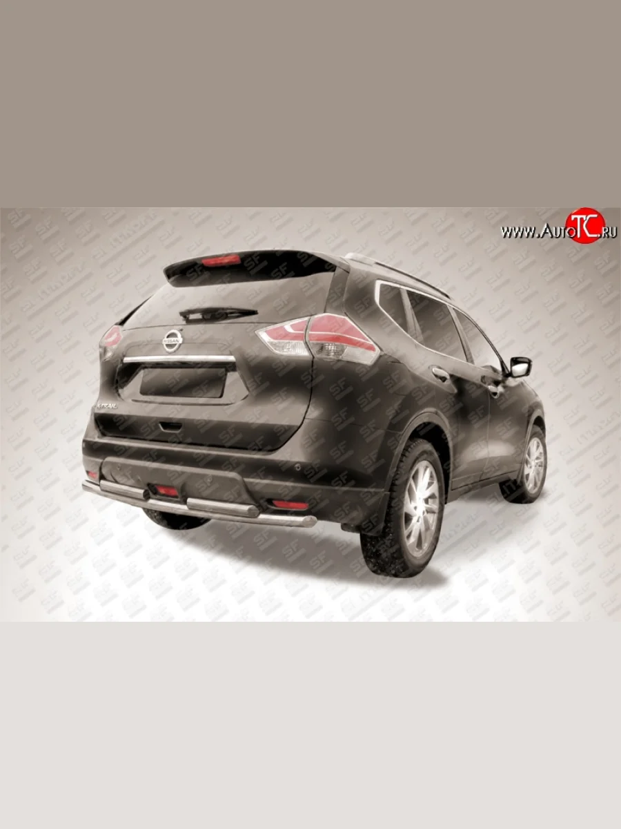 Защита заднего бампера из длинной и двух коротких труб диаметром по 57 мм Slitkoff Nissan X-trail 3 T32 дорестайлинг (2013-2018) (Цвет: нержавеющая полированная сталь)  в Перми Пермском крае