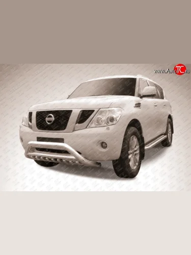 Усиленная низкая широкая защита переднего бампера с перемычкой и защитой картера из трубы диаметром 76 мм Slitkoff Nissan Patrol  6 (2010-2014) Y62 дорестайлинг