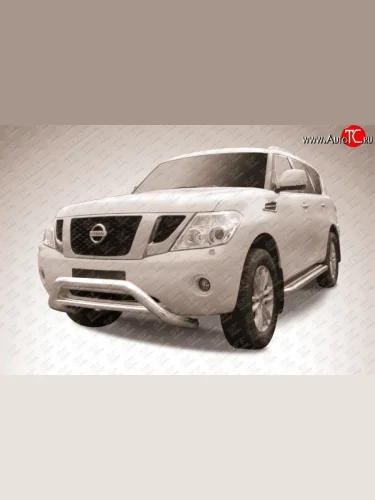 Усиленная низкая широкая защита переднего бампера с перемычкой из трубы диаметром 76 мм Slitkoff (Нержавейка) Nissan Patrol  6 (2010-2014) Y62 дорестайлинг