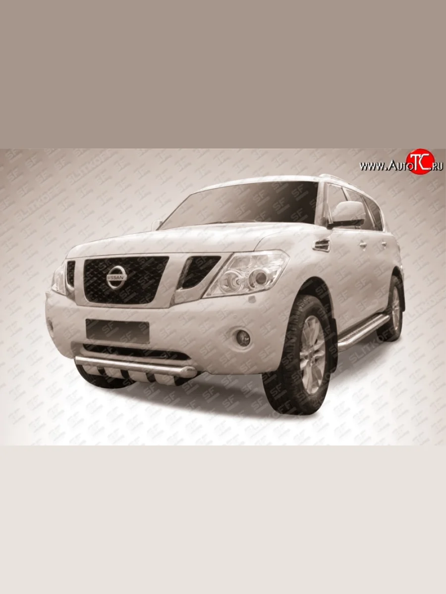Одинарная защита переднего бампера из трубы диаметром 76 мм с защитой картера Slitkoff Nissan Patrol 6 Y62 дорестайлинг (2010-2014)  с доставкой в г. Керчь