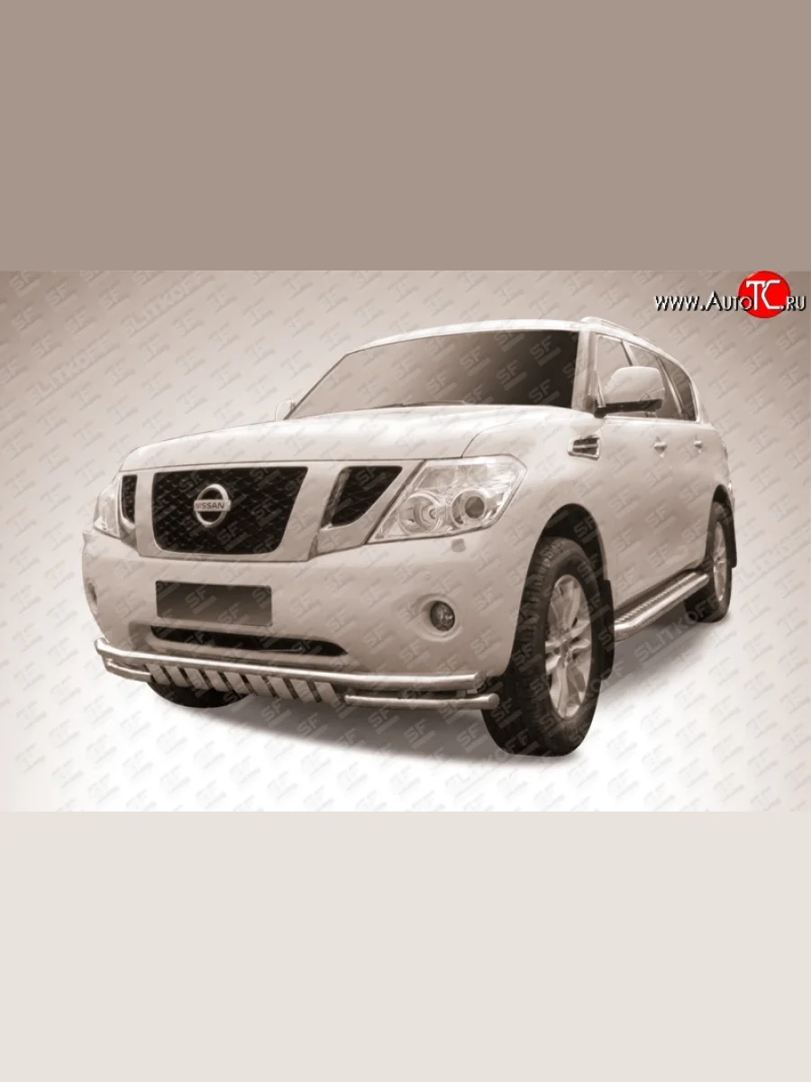 Двойная защита переднего бампера из труб диаметром по 57 мм с защитой картера Slitkoff  Nissan Patrol (2010-2014) 6 (Нержавейка, Полированная)  с доставкой в г. Керчь