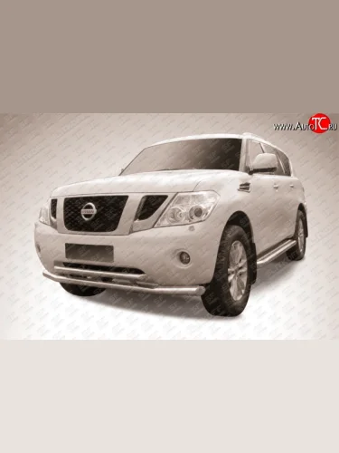 Двойная защита переднего бампера из двух труб диаметром 76 и 57 мм Slitkoff (Нержавейка) Nissan Patrol  6 (2010-2014) Y62 дорестайлинг