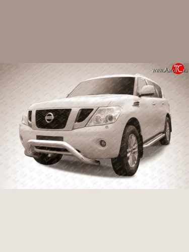 Усиленная низкая широкая защита переднего бампера без перемычки из трубы диаметром 76 мм Slitkoff (Нержавейка) Nissan Patrol  6 (2010-2014) Y62 дорестайлинг