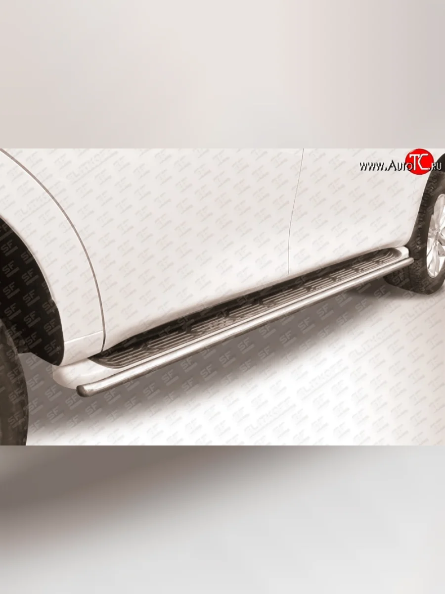 Защита штатных порогов из круглой трубы диаметром 42 мм Slitkoff Nissan Patrol 6 Y62 дорестайлинг (2010-2014) (Нержавейка, Полированная)  в Керчи Республика Крым