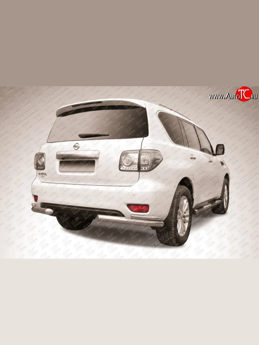 Защита заднего бампера из двойных боковых уголков с диаметром труб 76 и 42 мм Slitkoff  Nissan Patrol (2010-2014) 6 (Нержавейка, Полированная)  с доставкой в г. Керчь