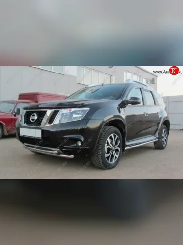 Защита переднего бампера Slitkoff (Ø 42+Ø 42, двойная). (Нержавеющая сталь) Nissan Terrano  D10 (2013-2022) дорестайлинг, рестайлинг