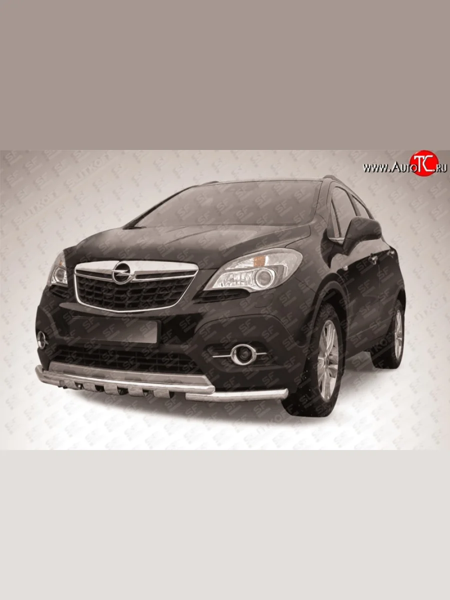 Защита переднего бампера из трёх труб диаметрами 57 и 42 мм с зубьями Slitkoff Opel Mokka  дорестайлинг (2012-2016) (Цвет: нержавеющая полированная сталь)  в Керчи Республика Крым