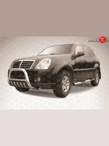 Усиленная низкая защита переднего бампера с защитой картера из трубы диаметром 76 мм Slitkoff SSANGYONG Rexton  Y250 (2006-2012)