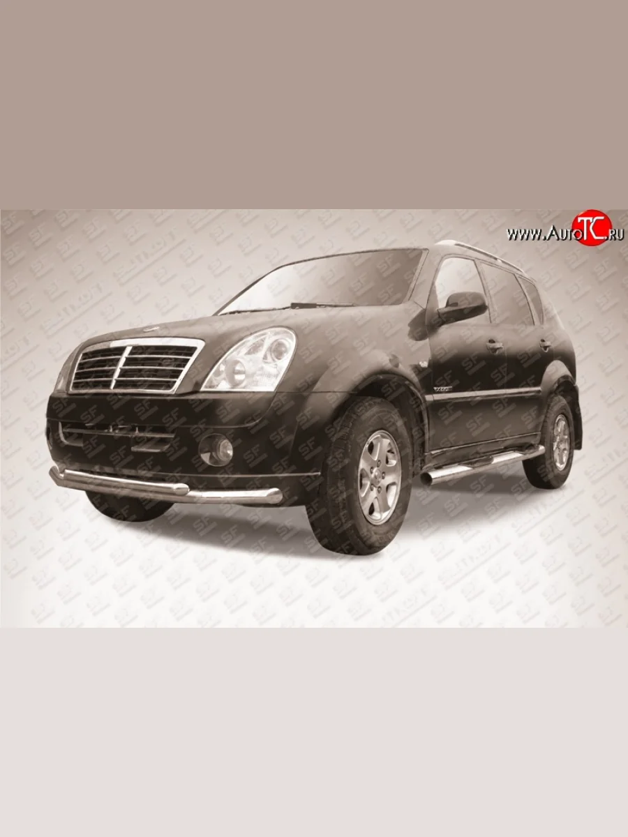 Двойная защита переднего бампера из двух труб диаметром 76 и 57 мм Slitkoff SSANGYONG Rexton Y250 (2006-2012) (нержавеющая полированная сталь)  с доставкой в г. Керчь