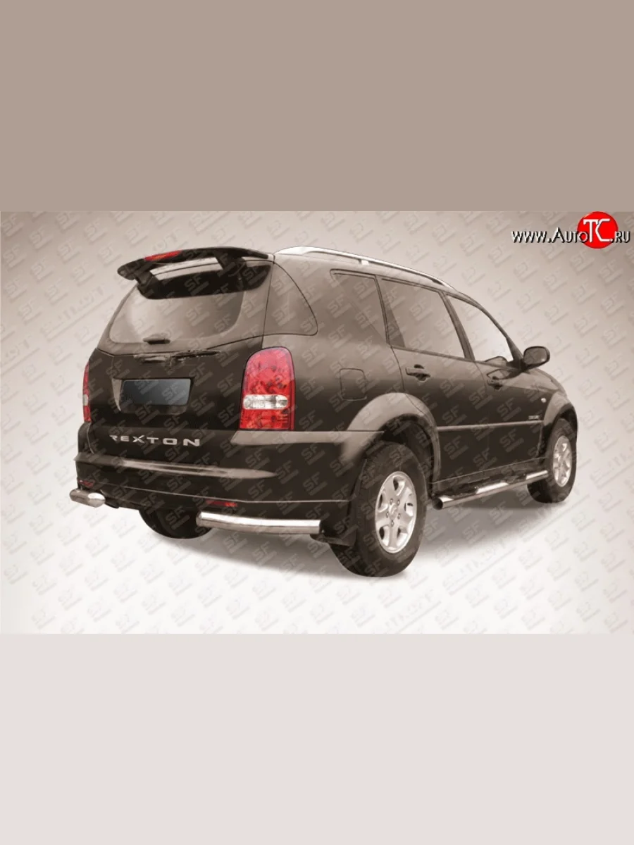 Защита заднего бампера из двух боковых уголков диаметром 76 мм Slitkoff SSANGYONG Rexton Y250 (2006-2012) (Цвет: нержавеющая полированная сталь)  с доставкой в г. Керчь