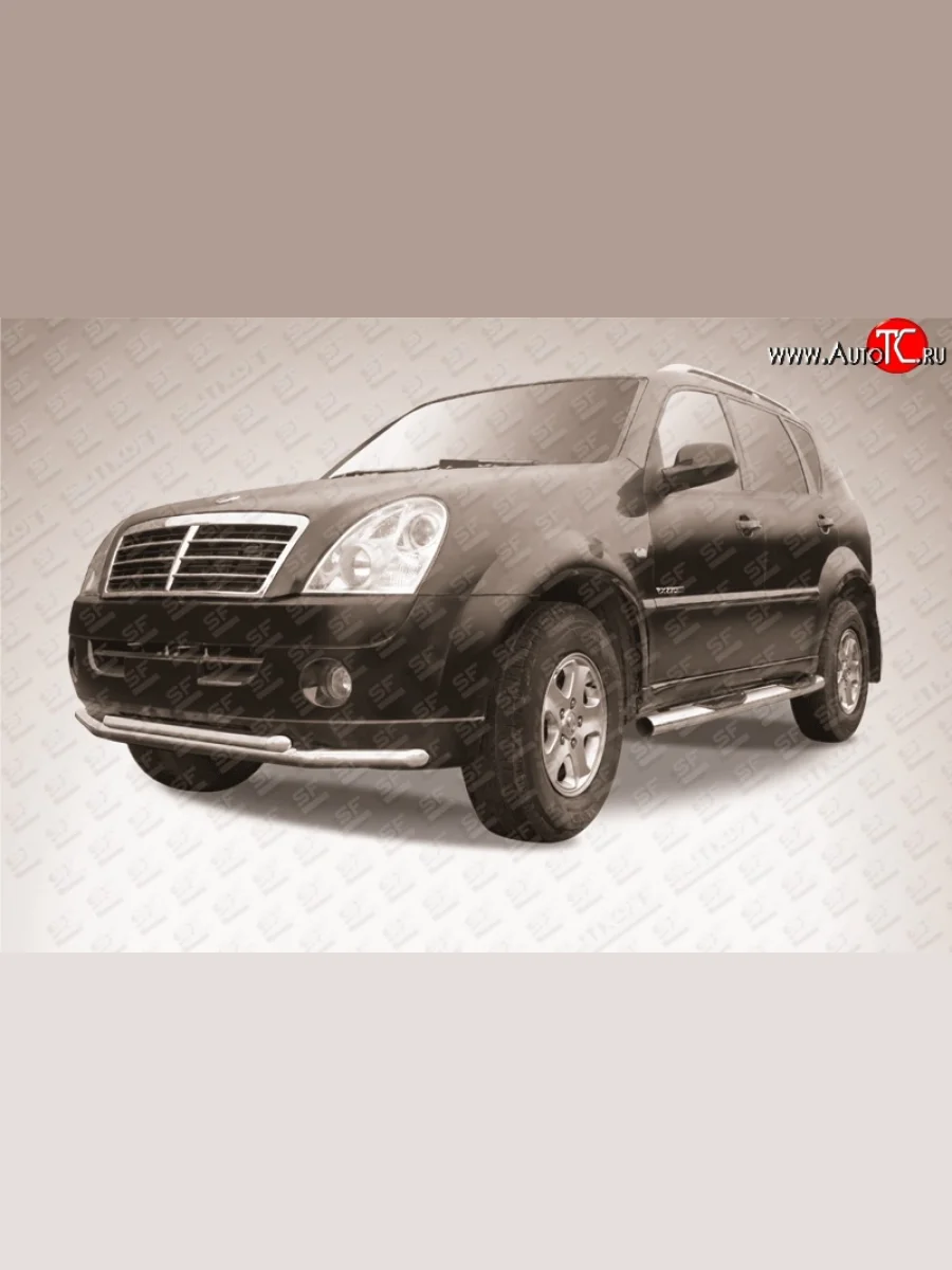 Двойная защита переднего бампера из труб диаметрами по 57 мм Slitkoff SSANGYONG Rexton Y250 (2006-2012) (Цвет: нержавеющая полированная сталь)  с доставкой в г. Керчь