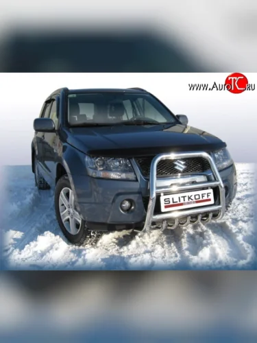 Усиленная высокая защита переднего бампера с защитой картера из трубы диаметром 57 мм Slitkoff Suzuki Grand Vitara  JT 5 дверей (2005-2008) дорестайлинг