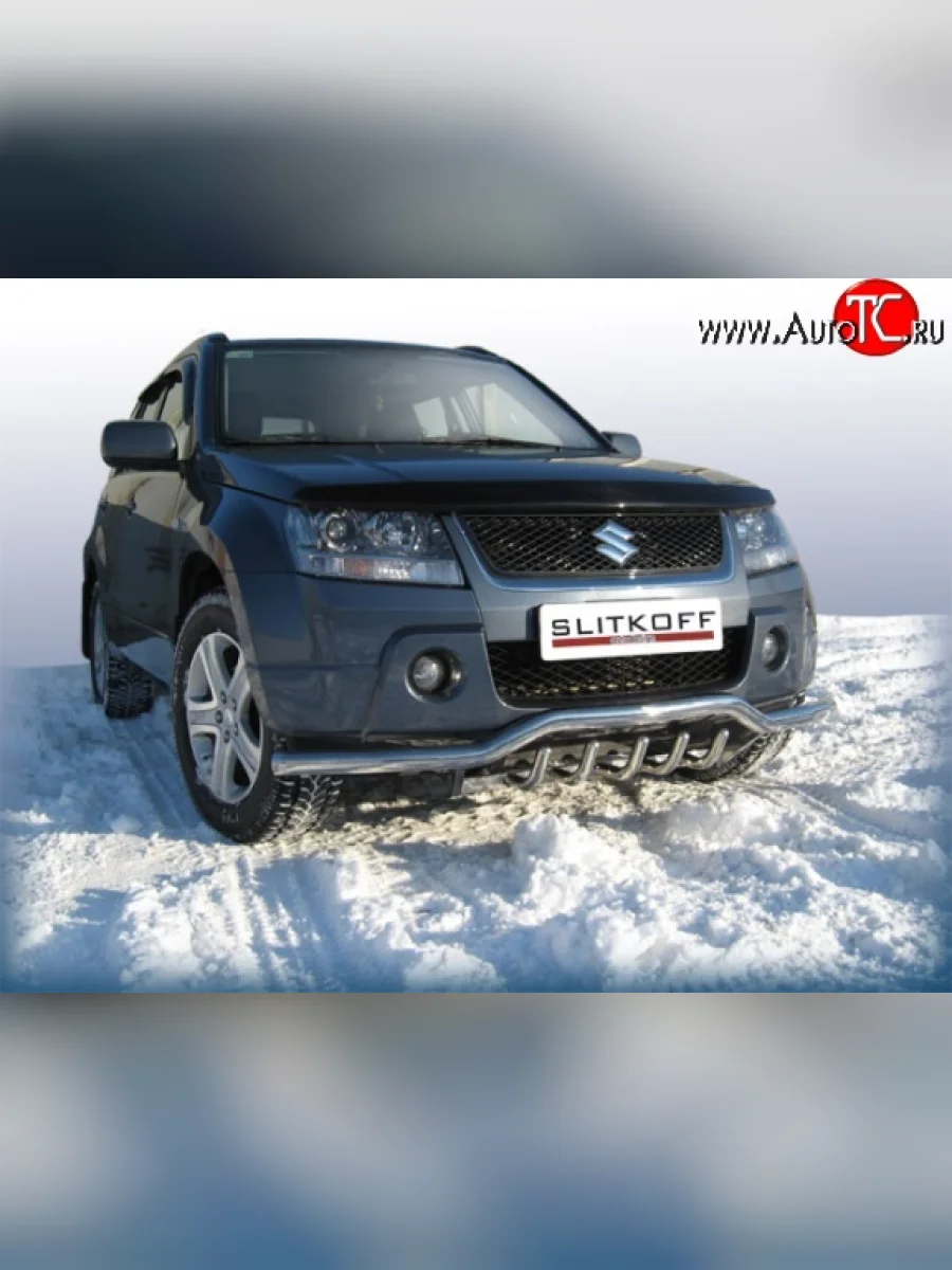 Одинарная защита переднего бампера из трубы диаметром 57 мм с зубьями Slitkoff  Suzuki Grand Vitara (2008-2012) JT 3 двери, JT 5 дверей (Цвет: нержавеющая полированная сталь)  в Самаре Самарской области