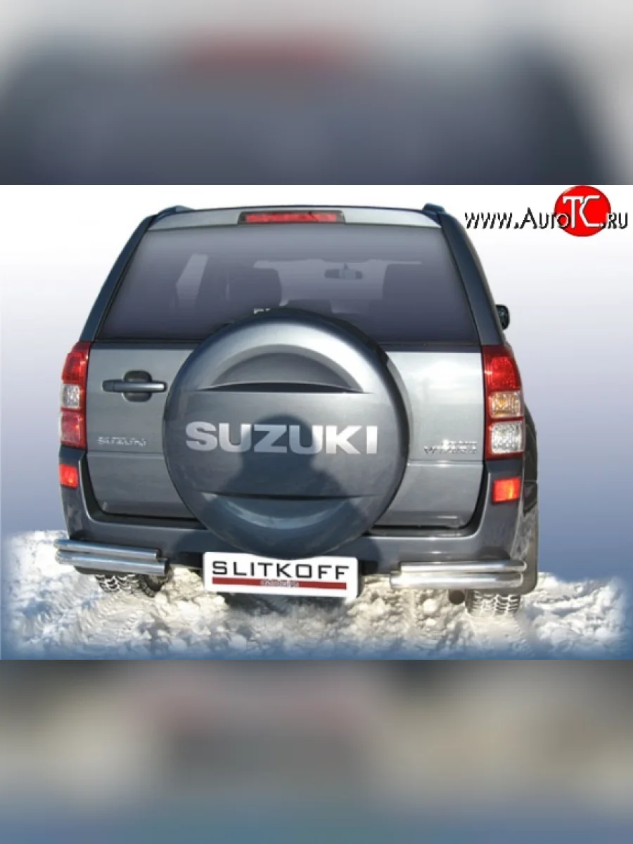 Защита заднего бампера из двойных боковых уголков с диаметром труб 57 и 42 мм Slitkoff  Suzuki Grand Vitara (2008-2012) JT 5 дверей (Цвет: нержавеющая полированная сталь)  в Воронеже Воронежской области