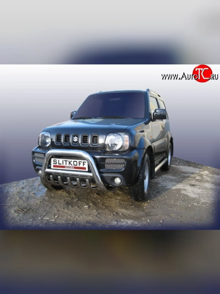 Усиленная низкая защита переднего бампера с защитой картера из трубы диаметром 76 мм Slitkoff Suzuki Jimny JB23/JB43 дорестайлинг (1998-2001) (Цвет: нержавеющая полированная сталь)  в Керчи Республика Крым