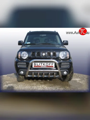 Усиленная низкая защита переднего бампера с защитой картера из трубы диаметром 57 мм Slitkoff Suzuki Jimny  JB23/JB43 (1998-2001) дорестайлинг