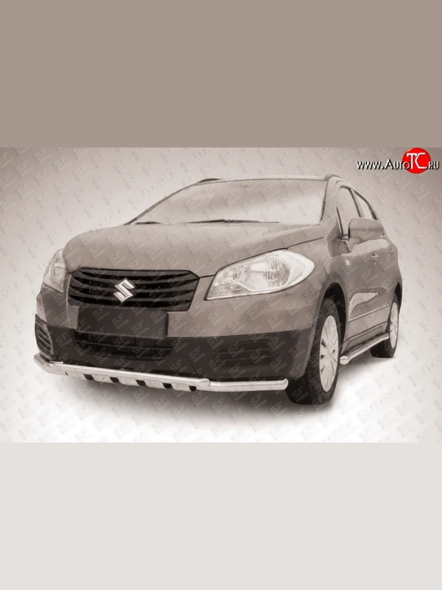 Защита переднего бампера из трёх труб диаметрами 57 и 42 мм с зубьями Slitkoff Suzuki SX4 JYB, JYA хэтчбэк дорестайлинг (2013-2016) (Цвет: нержавеющая полированная сталь)  в Керчи Республика Крым