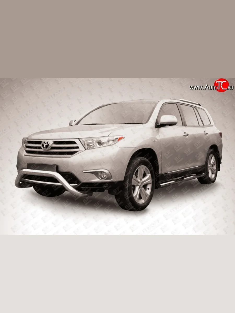 Усиленная низкая защита переднего бампера из трубы диаметром 76 мм Slitkoff Toyota Highlander XU40 рестайлинг (2010-2013) (Цвет: нержавеющая полированная сталь)  в Самаре Самарской области