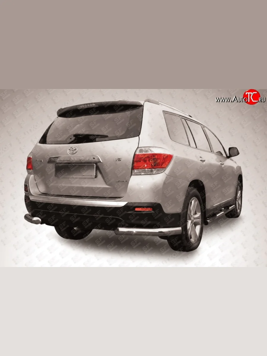 Защита заднего бампера из двух боковых уголков диаметром 76 мм Slitkoff Toyota Highlander XU40 рестайлинг (2010-2013) (Цвет: нержавеющая полированная сталь)  с доставкой в г. Керчь