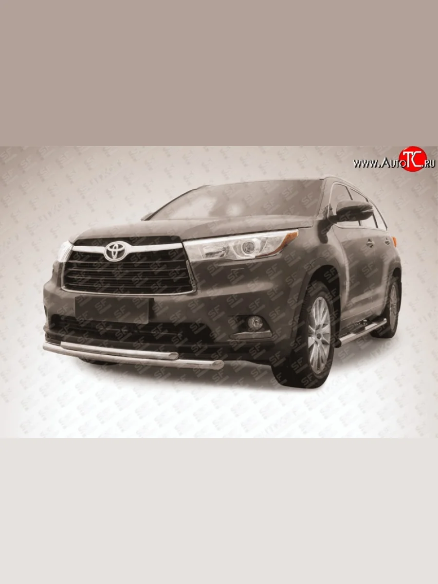 Короткая двойная защита переднего бампера из двух труб диаметром 57 и 42 мм Slitkoff Toyota Highlander XU50 дорестайлинг (2013-2017) (Цвет: нержавеющая полированная сталь)  в Самаре Самарской области