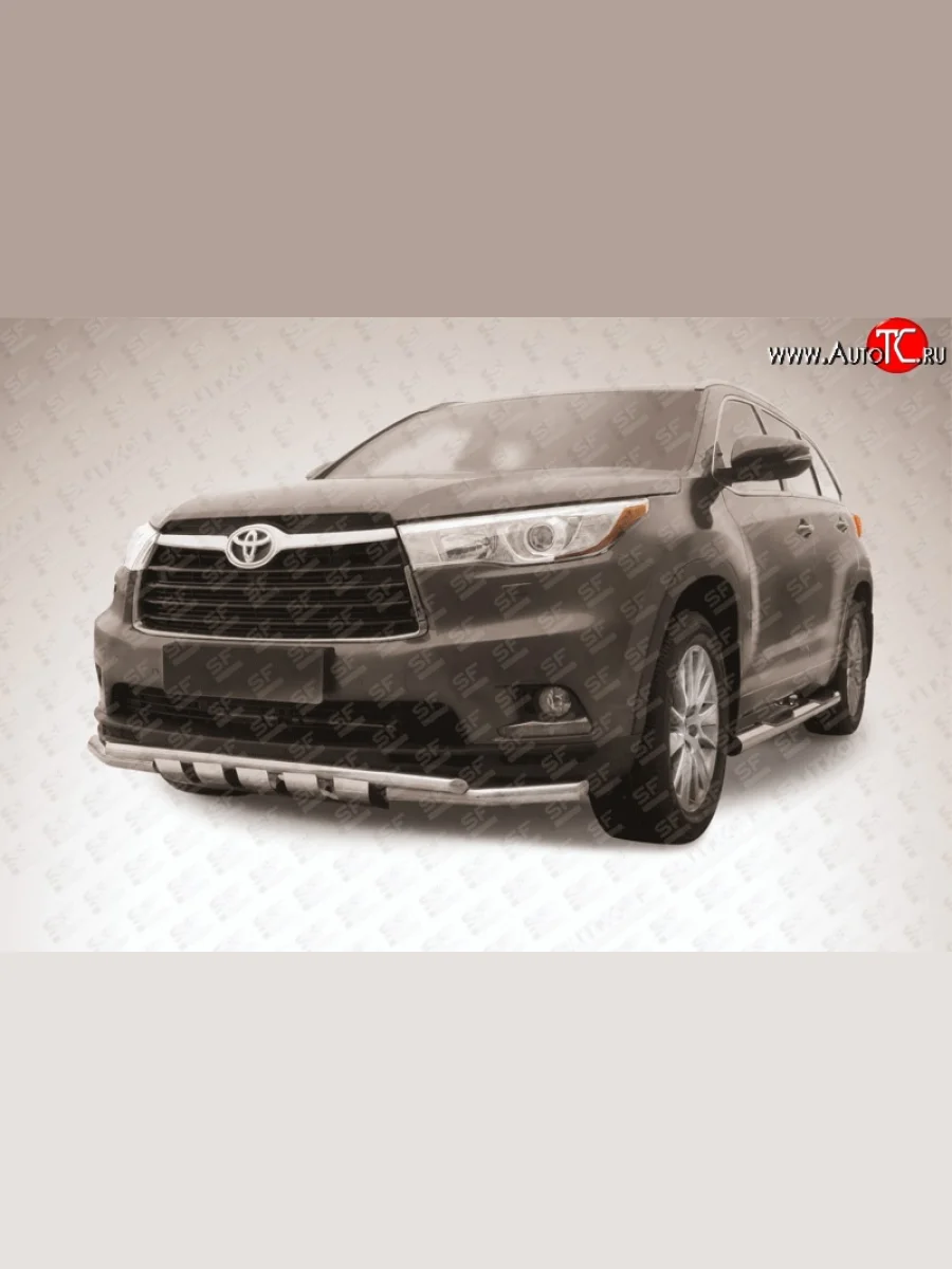 Двойная защита переднего бампера из труб диаметром 57 и 42 мм с защитой картера Slitkoff  Toyota Highlander (2013-2017) XU50 (Цвет: нержавеющая полированная сталь)  с доставкой в г. Керчь