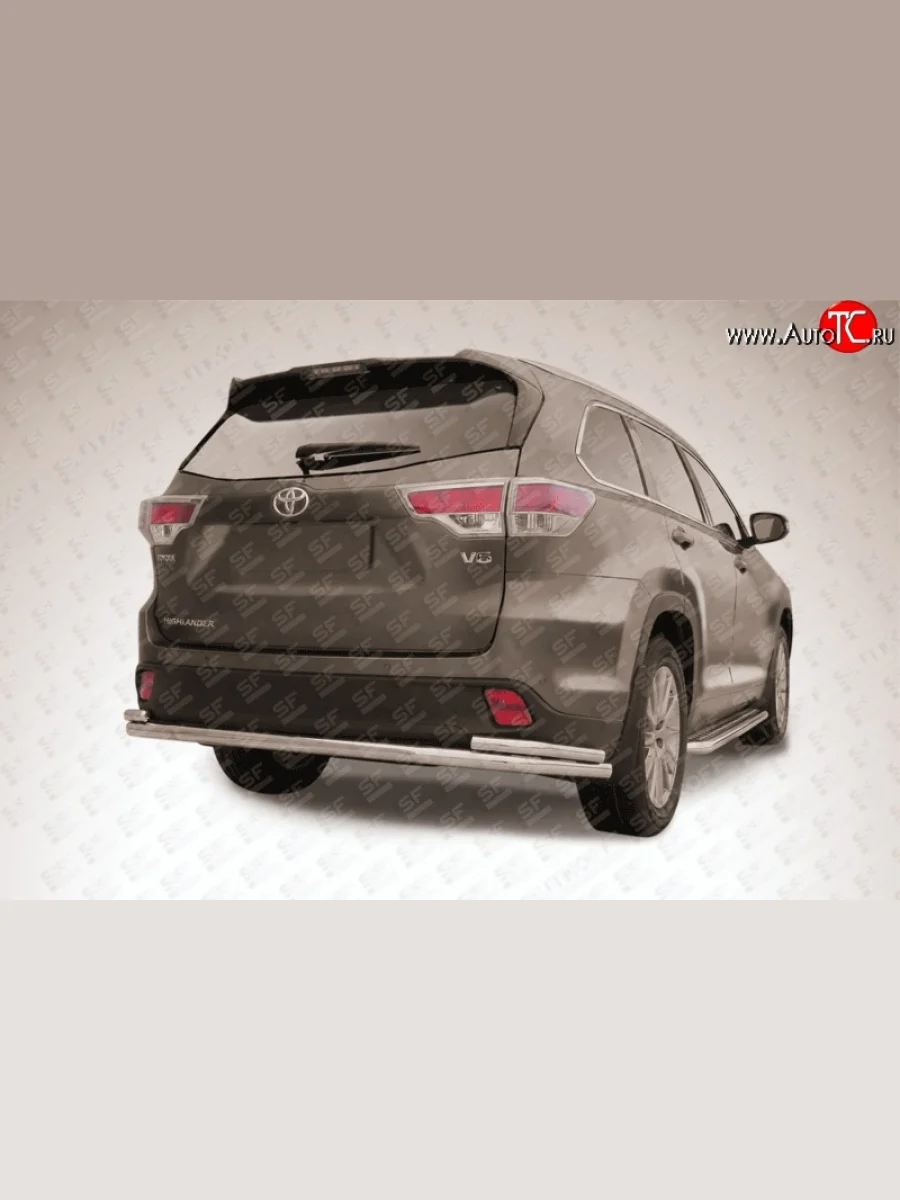 Двойная защита заднего бампера из трёх труб диаметром 57 и 42 мм Slitkoff  Toyota Highlander (2013-2017) XU50 (Цвет: нержавеющая полированная сталь)  с доставкой в г. Керчь
