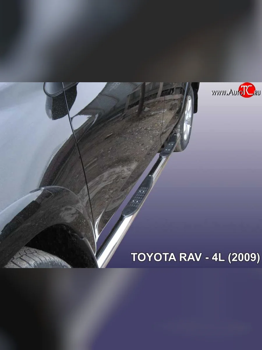 Защита порогов из трубы d76 мм с пластиковыми вставками для ног Slitkoff Toyota RAV4 XA30 5 дв. удлиненный дорестайлинг (2003-2008) (Цвет: нержавеющая полированная сталь)  в Керчи Республика Крым