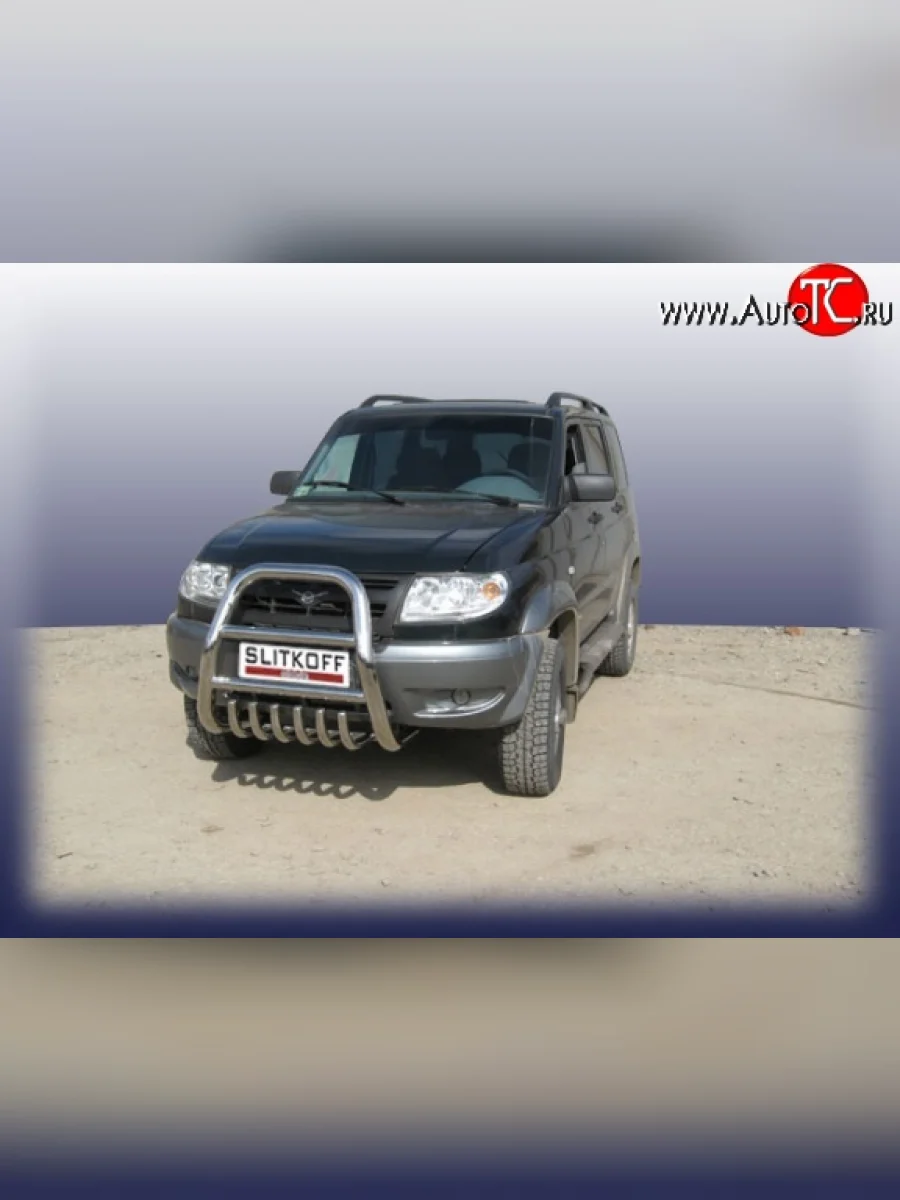 Усиленная высокая защита переднего бампера с защитой картера из трубы диаметром 76 мм Slitkoff  Уаз Патриот (2005-2013) 3163 5 дв. (Диаметр труб: 76 мм)  с доставкой в г. Керчь