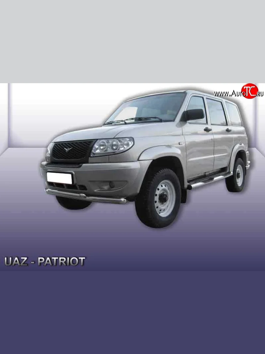 Двойная защита переднего бампера из труб диаметрами по 57 мм Slitkoff  Уаз Патриот (2005-2013) 3163 5 дв. (Цвет: нержавеющая полированная сталь)