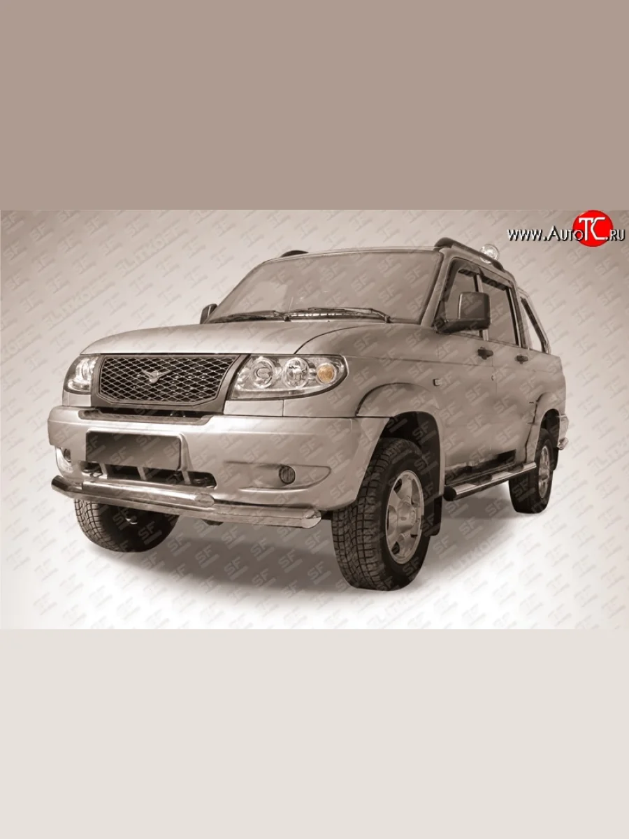 Двойная защита переднего бампера из двух труб диаметром 76 и 57 мм Slitkoff Уаз Патриот 23632 дорестайлинг пикап (2008-2014) (Цвет: нержавеющая полированная сталь)  в Перми Пермском крае