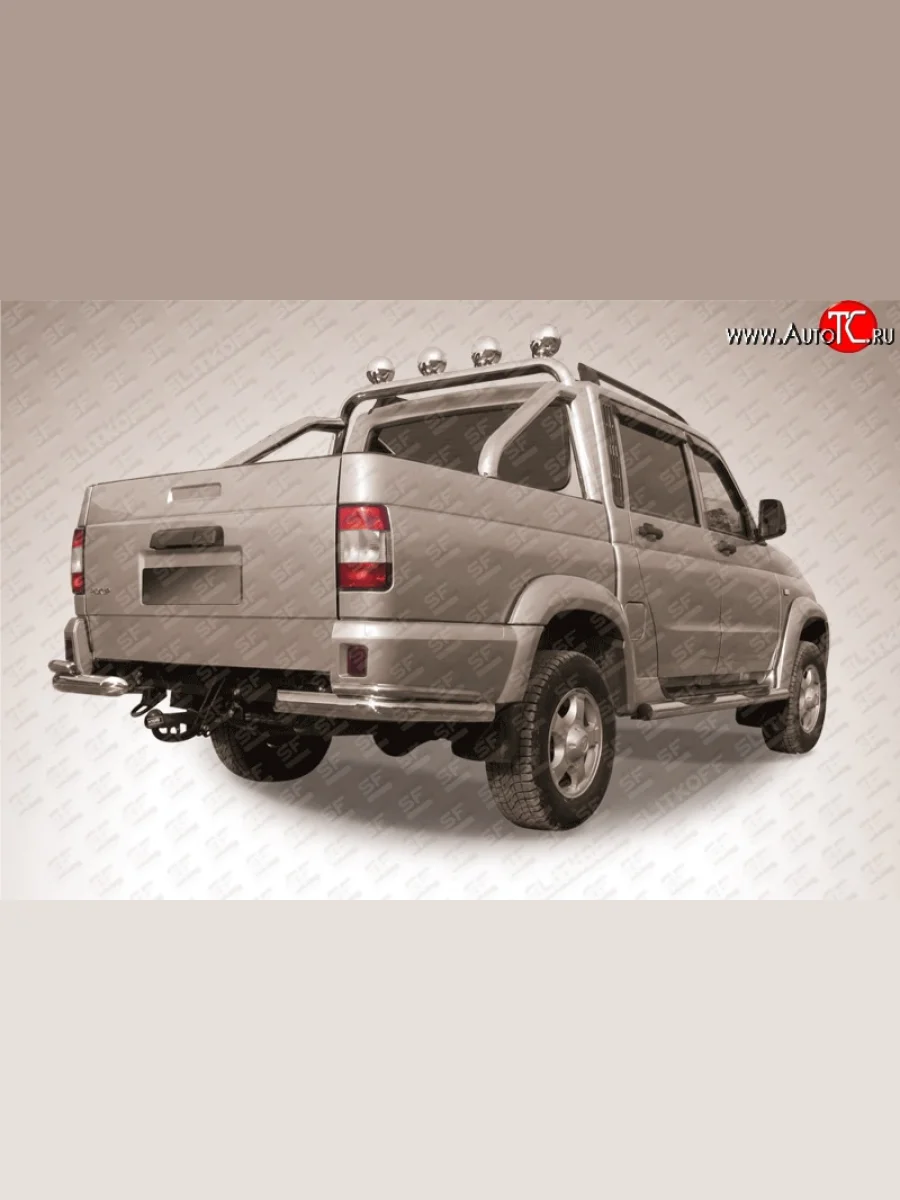 Защита заднего бампера Slitkoff (уголки из 2 труб d76 b 42 мм) Уаз Патриот 23632 дорестайлинг пикап (2008-2014) (Нержавейка, Полированная)  с доставкой в г. Керчь