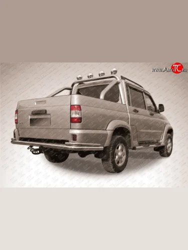 Двойная защита заднего бампера из трёх труб диаметром 76 и 42 мм Slitkoff Уаз Патриот  23632 (2008-2025) дорестайлинг пикап, 1 рестайлинг пикап, 2-ой рестайлинг пикап