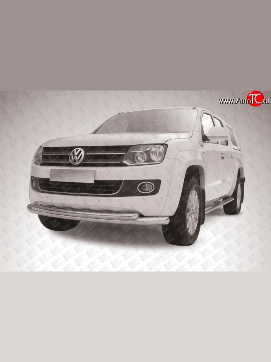 Двойная защита переднего бампера из двух труб диаметром 76 и 57 мм с длинной верхней трубой Slitkoff  Volkswagen Amarok (2009-2016) (Цвет: нержавеющая полированная сталь)  в Самаре Самарской области
