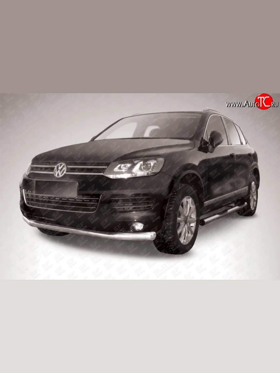 Одинарная защита переднего бампера диаметром 76 мм Slitkoff Volkswagen Touareg 2 NF дорестайлинг (2010-2014) (Цвет: нержавеющая полированная сталь)  в Самаре Самарской области
