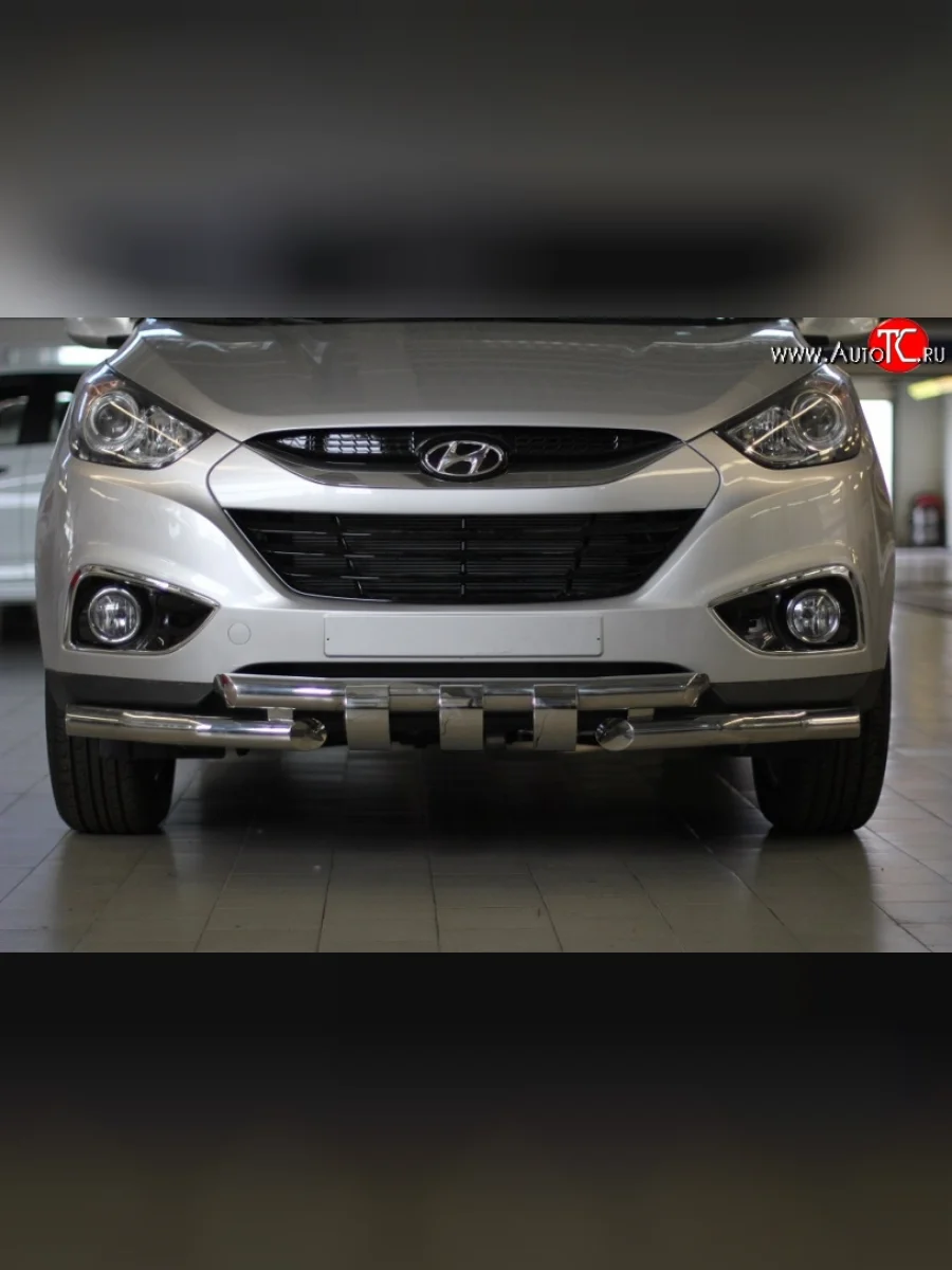 Двойная защита переднего бампера с зубьями из труб диаметром по 63 мм Petroil Tuning Hyundai IX35 LM дорестайлинг (2009-2013) (Нержавеющая полированная сталь)  в Самаре Самарской области