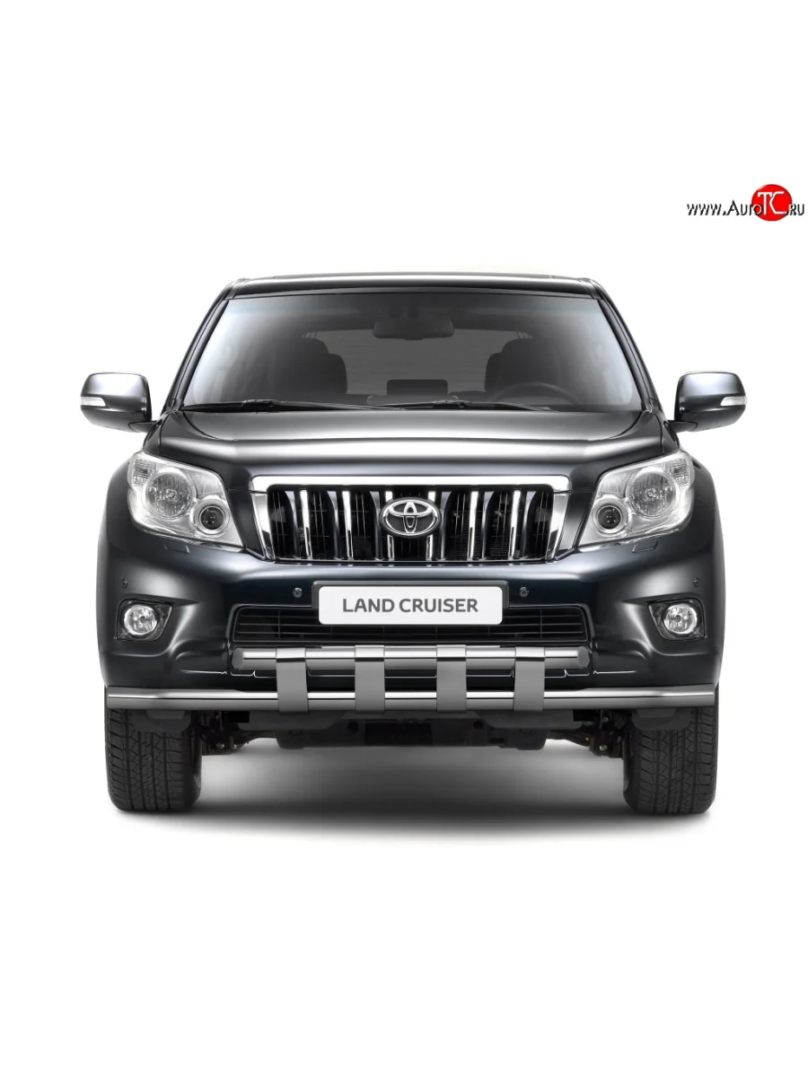 Защита переднего бампера двойная с пластинами из труб d63/63 мм Petroil Tuning  Toyota Land Cruiser Prado (2013-2017) J150 (Нержавеющая полированная сталь)  с доставкой в г. Пермь