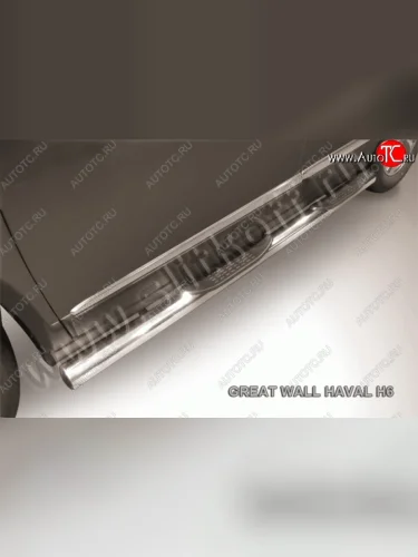 Защита порогов с пластиковыми вставками для ног из круглой трубы диаметром 76 мм Slitkoff (Нержавейка) Haval H6 (2013-2020)