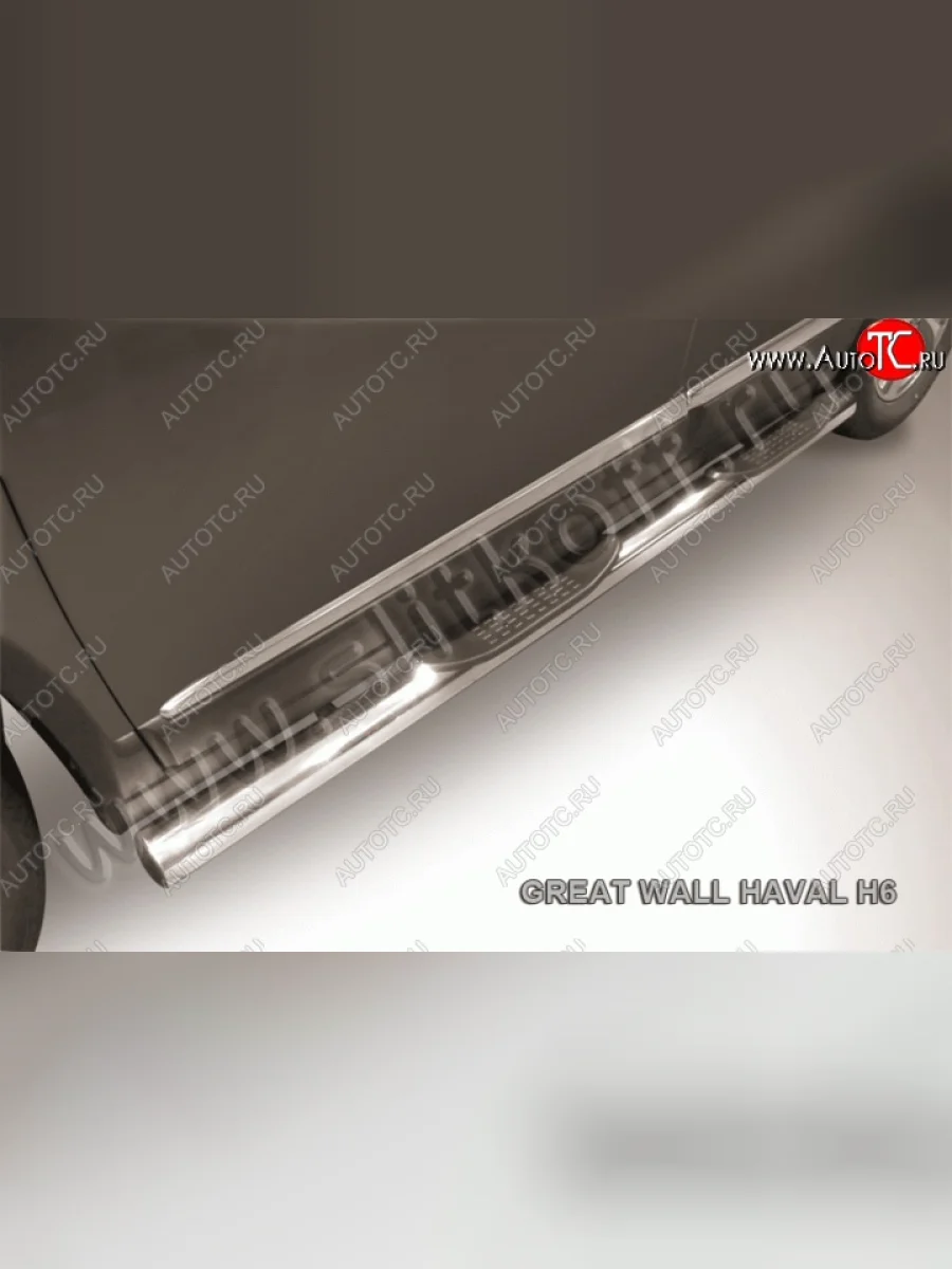 Защита порогов с пластиковыми вставками для ног из круглой трубы диаметром 76 мм Slitkoff Haval H6 (2013-2020) (Нержавейка, Полированная)  в Керчи Республика Крым