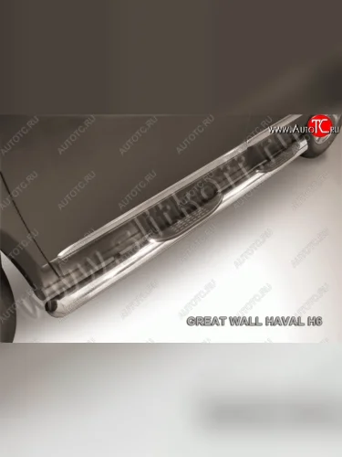 Защита порогов с пластиковыми вставками для ног из круглой трубы диаметром 76 мм со скошенными торцами Slitkoff (Нержавейка) Haval H6 (2013-2020)