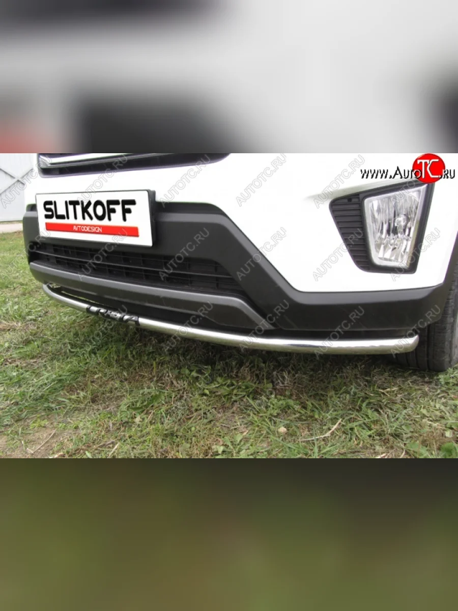 Одинарная защита переднего бампера диаметром 42 мм с надписью Slitkoff Hyundai Creta GS рестайлинг (2019-2021) (Нержавейка, Полированная)  в Керчи Республика Крым