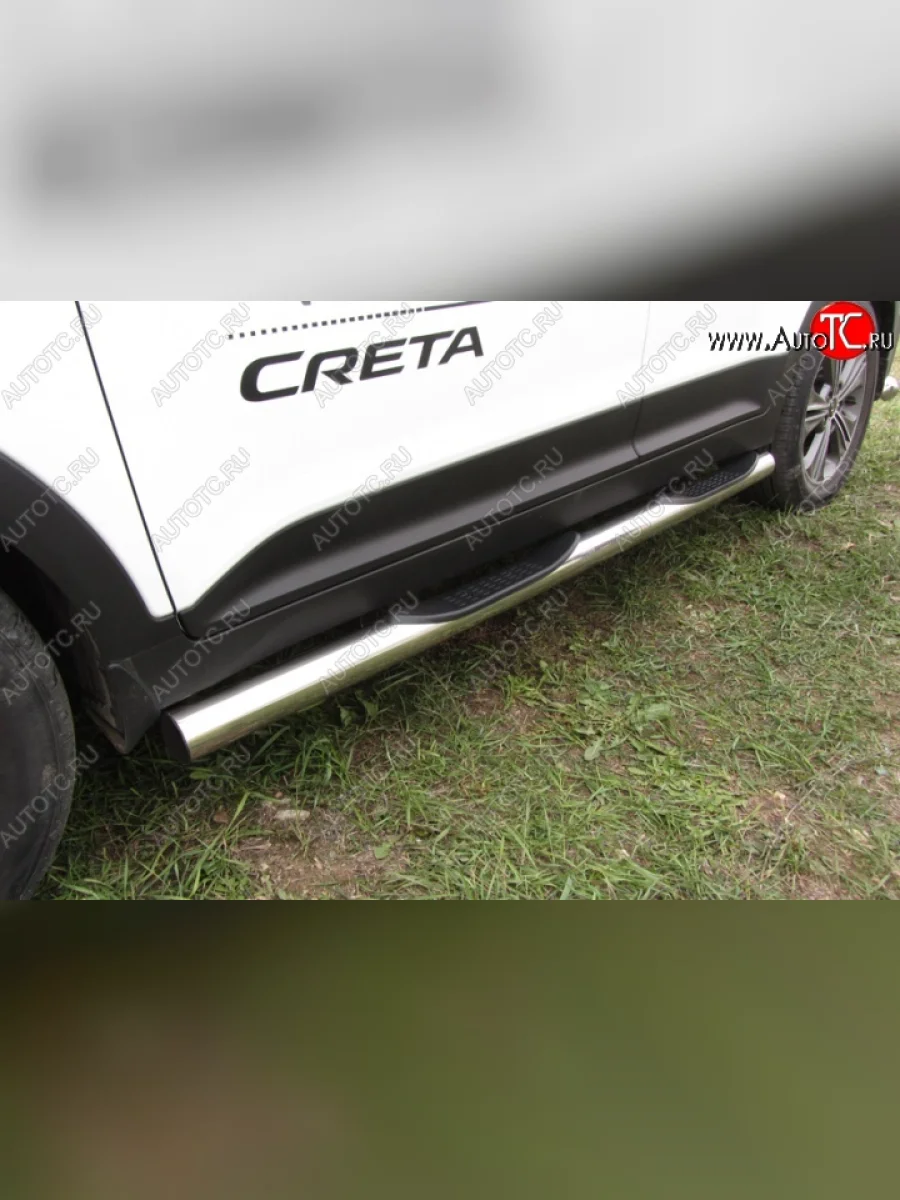 Защита порогов с пластиковыми вставками для ног из круглой трубы диаметром 76 мм Slitkoff Hyundai Creta GS дорестайлинг (2015-2019) (Нержавейка, Полированная)  в Керчи Республика Крым