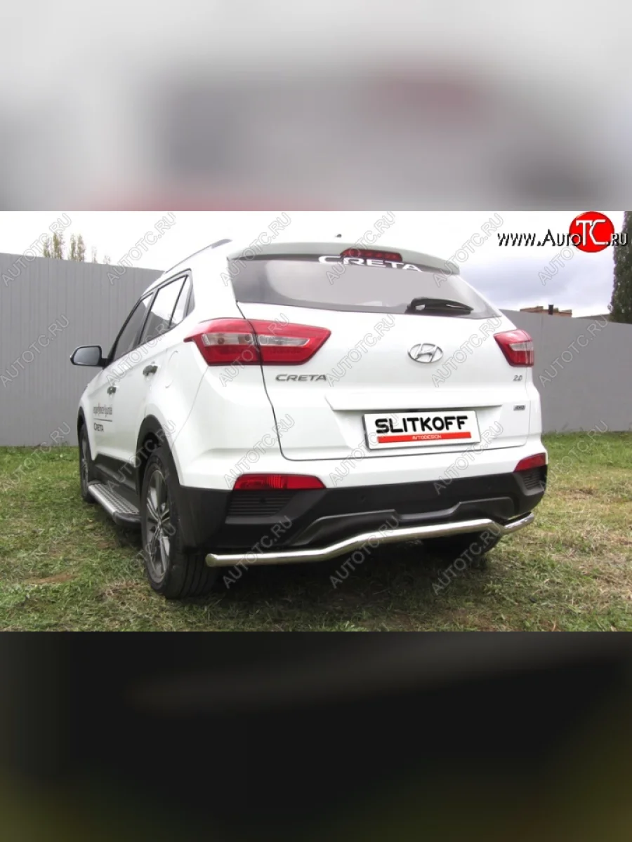 Защита заднего бампера из изогнутой трубы диаметром 57 мм Slitkoff (нержавейка) Hyundai Creta GS дорестайлинг (2015-2019) (Нержавейка, Полированная)  в Перми Пермском крае