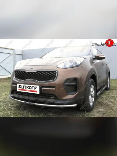 Одинарная защита переднего бампера диаметром 42 мм с надписью Slitkoff (Нержавейка) KIA Sportage  4 QL (2016-2018) дорестайлинг