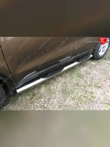 Защита порогов с пластиковыми вставками для ног из круглой трубы диаметром 76 мм Slitkoff (Нержавейка) KIA Sportage  4 QL (2016-2018) дорестайлинг